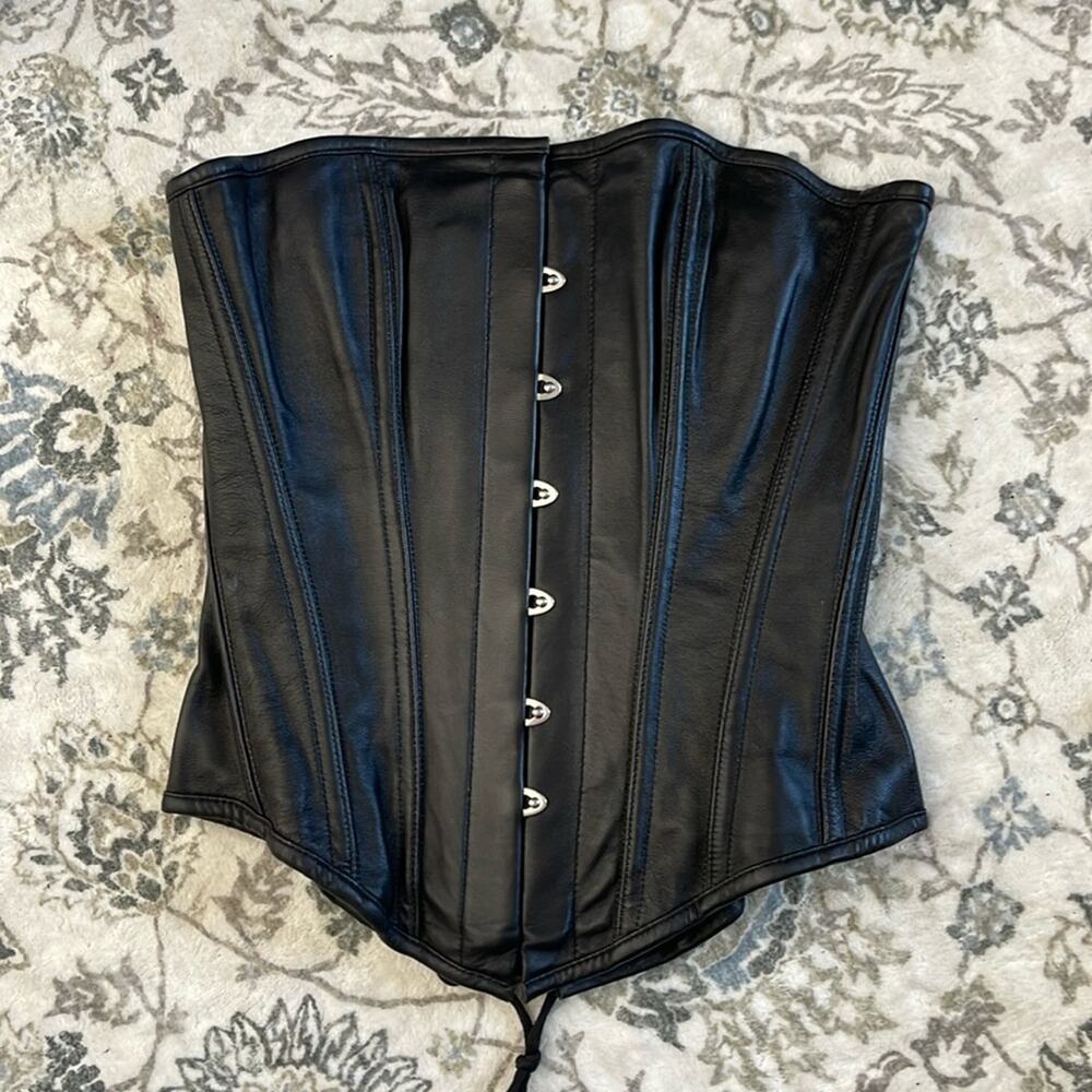 MEANA STYLES Black Faux Leather Hook Front Boned Corset Size 24”